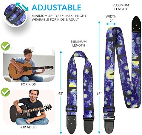 Van Gogh "Starry Night" Guitar Strap Christmas Gift Includes 2 Strap Locks & 2 Matching Picks. Adjustable Guitar Strap - Stocking Stuffer for Men Women Guitarist for Bass, Electric & Acoustic